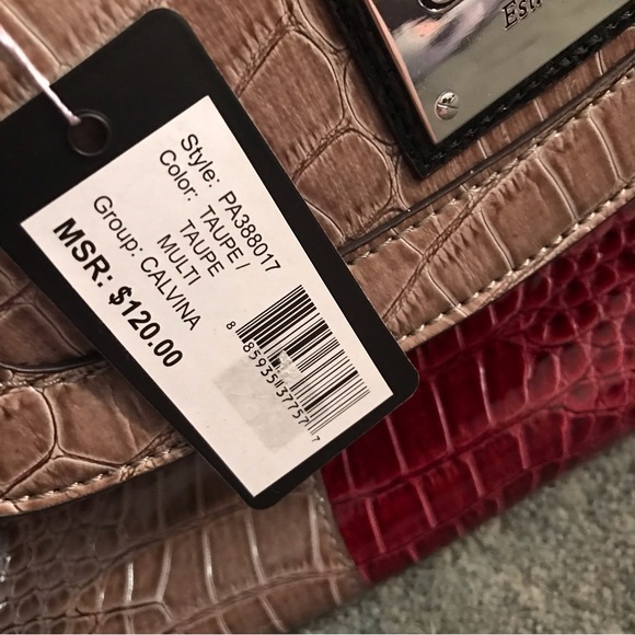 GUESS CALVINA Logo Croco Patent Leather Handbag Purse Satchel Taupe/Multi - Picture 3 of 16